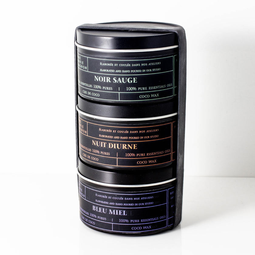 Trio Bougies Noir Sauge, Nuit Diurne et Bleu Miel